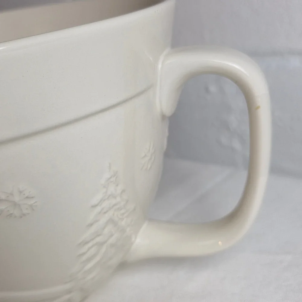 The Bake Shop Cream Embossed Winter Scene Stoneware Mixing Bowl Spout Handle